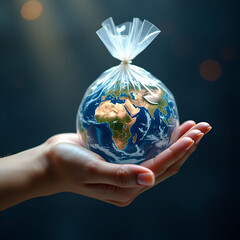 Earth day Concept  , Human Hand Holding Earth in Plastic Bag,  A Hyper-Realistic Depiction of the Environmental Crisis, polluted earth