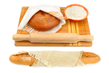 Freshly baked baguette, bread, flour and rolling pin isolated on white background.