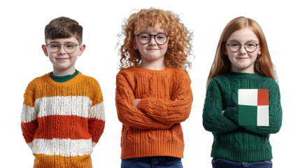a boy and a girl wearing glasses and sweaters with a flag on a transparent background, PNG image, PNG file, Generative art.