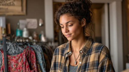A young woman of mixed ethnicity with curly hair, wearing a plaid shirt, looks thoughtfully at her work in a cozy, fashion boutique filled with vibrant clothing