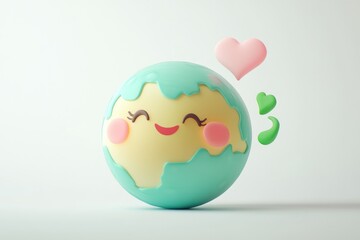 A happy cartoon Earth with hearts and leaves, symbolizing environmental love and care.