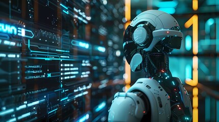 Fototapeta premium A head of the project manager monitoring and control automation robot arms machine with virtual interface, Generative AI illustrations