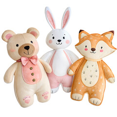 Watercolor cutout set of panda, elephant and red fox stuffed fluffy plushie animal toys isolated on transparent background