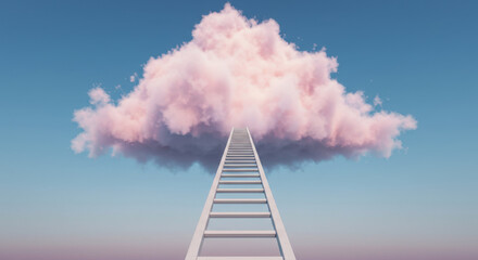 Dreamy white ladder reaching into pink cloud high in pastel blue sky, low angle view. Motivation Monday. National Motivation and Inspiraton Day. Imagination, ambition, fresh start, new beginnings