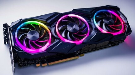 A stunning graphics card showcasing advanced cooling technology. The vibrant RGB lights enhance its modern design. Perfect for gaming and high-performance computing. Generative AI.