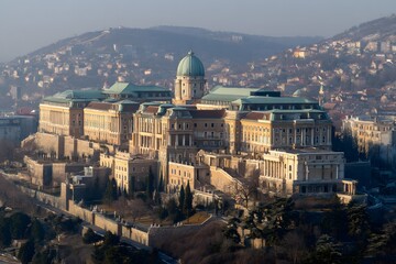 Fototapeta premium Majestic Architectural Marvel: An awe-inspiring, grand, historical building stands proudly on a hilltop, with its intricate details and beautiful design against a clear blue sky