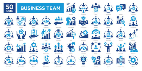 Business team icons collection set., including leadership, collaboration, motivation, and team development. Ideal for corporate presentations, HR materials, and business strategy visuals.
