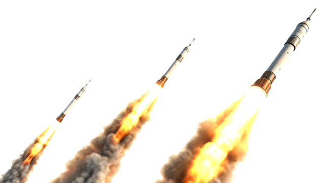 Set of rockets launching with fire and smoke isolated on white background as transparent PNG. GENERATIV AI