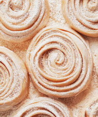 Fototapeta premium Cinnamon rolls made from dough, sprinkled with flour on white surface