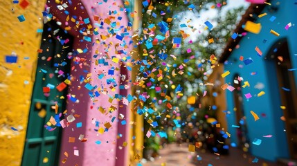 Colorful Celebration: A Burst of Confetti Amidst Vibrant Buildings