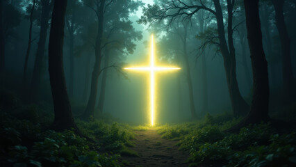 Obraz premium A misty forest path with a glowing Christian cross at the end, evoking a sense of spiritual journey or redemption.