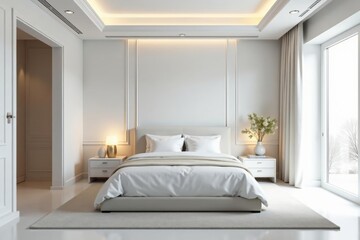 Elegant all-white bedroom interior with clean lines and plush textiles, pillow, peaceful