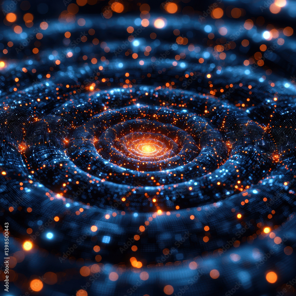 Poster visual concept of topological qubits showcasing a digital network of quantum states in a futuristic 