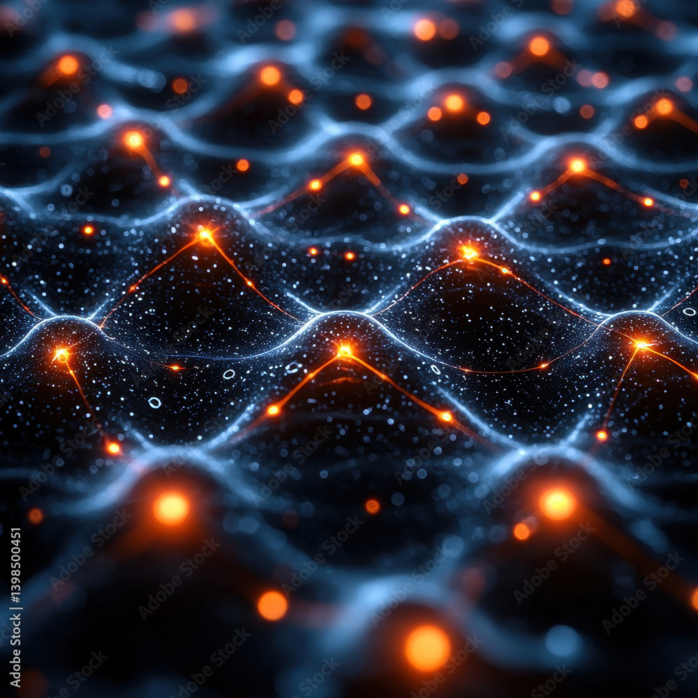 Poster futuristic concept of topological qubits in a digital network representing quantum states