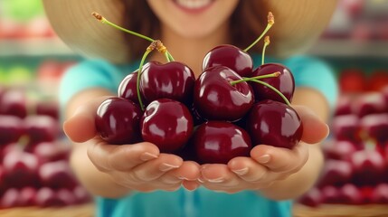 Fresh cherries in hands of smiling person at market showcasing seasonal produce and local agriculture in vibrant atmosphere