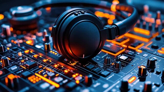 A close-up of headphones placed on a DJ controller with bright orange and blue lights, creating an electrifying music atmosphere.