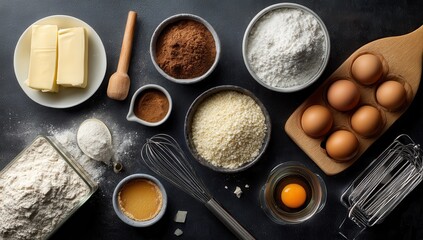 Baking ingredients arranged on a dark surface, showcasing butter, eggs, flour, and cocoa for a delicious recipe prep.
