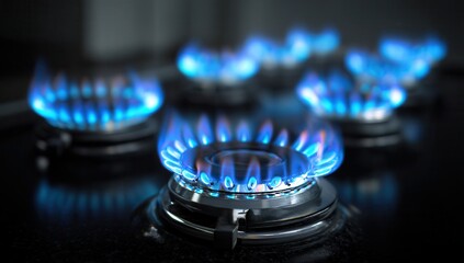 Close-up view of blue flames on a stovetop burner, creating a sense of warmth and energy.