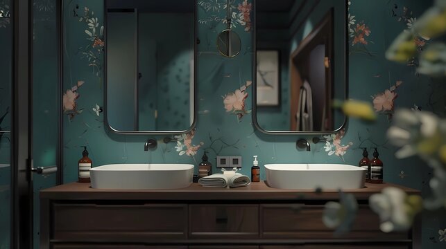 A washstand design, front，Simple contemporary style,  large-size mirror, double washbasin, blue-green wallpaper on the wall, Generative AI illustrations.