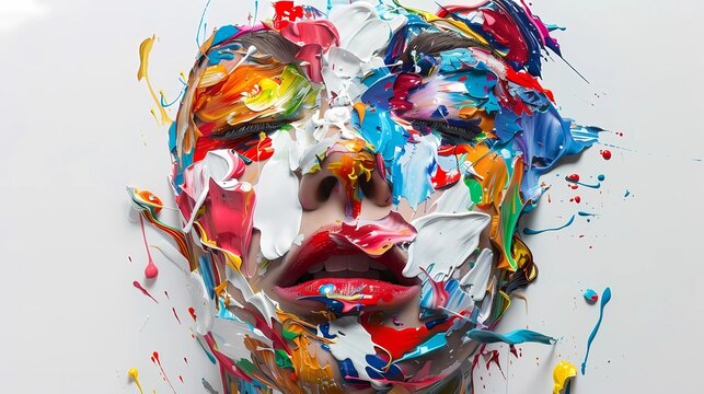 A woman's face made from paint splashes on a white background, Generative AI illustrations.