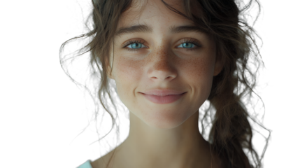 portrait of a young woman with blue eyes and flowing hair on a transparent background, PNG image, PNG file, Generative art.