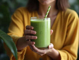 Woman drink healthy green smoothie made with fresh ingredients. Vegan and nutritious breakfast concept