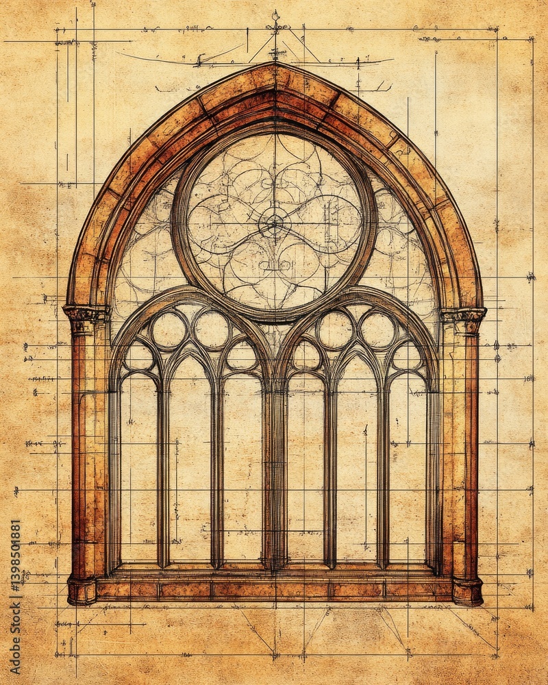 Poster architectural blueprint of a gothic arched window with intricate tracery in a vintage style.