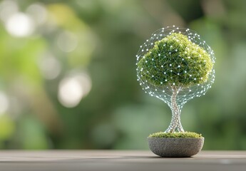 Futuristic tree sculpture with digital network pattern on lush green background.