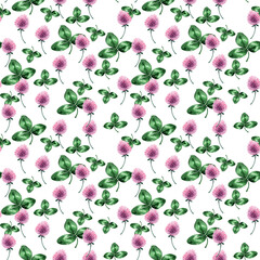 Watercolor seamless pattern with flowers and leaves of red clover
