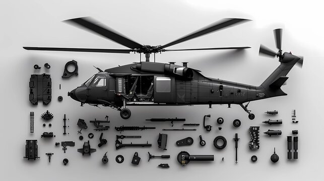A black hawk helicopter disassembly diagram, black hawk is in the middle of the picture, black shadow is neatly placed around the multi-purpose aircraft parts, Generative AI illustrations.