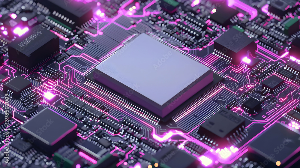Poster close up view of glowing circuit board with microchip