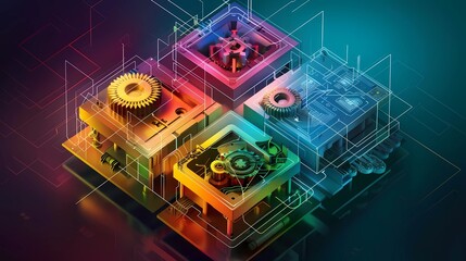 A quadrant analysis chart in a mechanical style, chart is divided into four distinct quadrants, each with smooth lines and vibrant, contrasting colors, Generative AI illustrations.