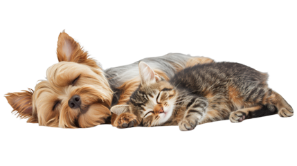 a small dog laying down next to a cat on a transparent background, PNG image, PNG file, Generative art.