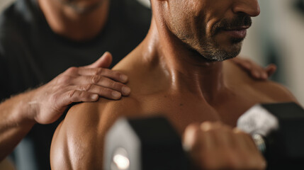 personal trainer helping client with dumbbell workout, personal trainer helps client with dumbbell workout techniques