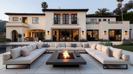 A beautiful Spanish style home with modern outdoor seating around a fire pit, in the backyard of a California mansion, Generative AI illustrations.
