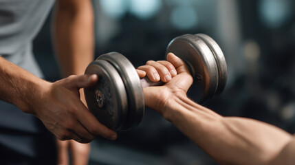 personal trainer helping client with dumbbell workout, personal trainer helps client with dumbbell workout
