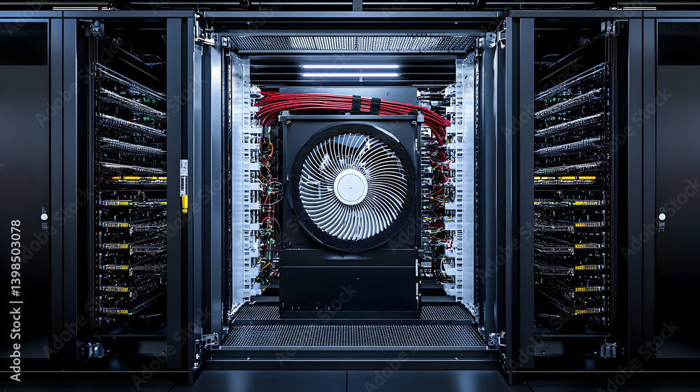 Poster modern data center interior with complex server system
