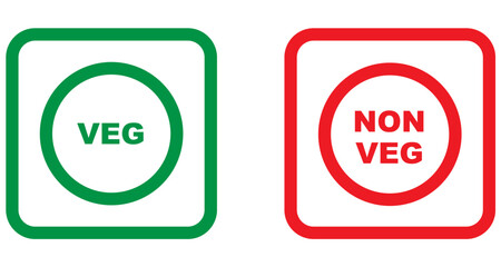 Veg and non-veg food icon dots. Vegetarian and non-vegetarian symbols. Green dot and red stroke in squares. Vegan and non-vegan food labels. Vector illustration.
