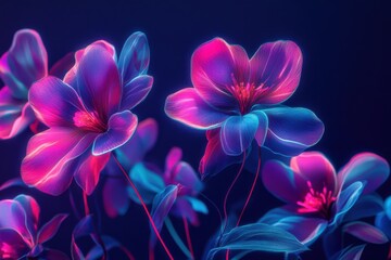 Glowing Neon Flowers On Dark Background
