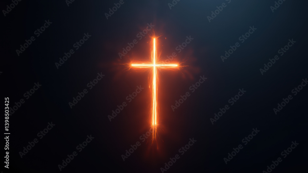 Poster cross floating above a surface with light effects.