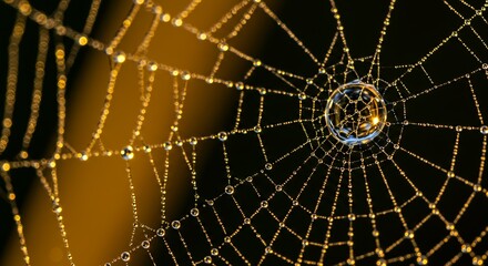 Fototapeta premium Close-up of a spiderweb with dewdrops glowing in the light against a dark background.