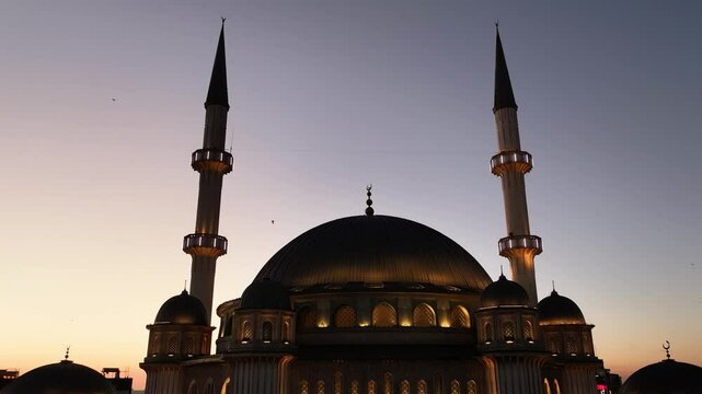 Taksim Mosque (Taksim Camii) in the Sunset Drone Video, İstiklal Street Taksim Square, Istanbul Turkiye (Turkey)