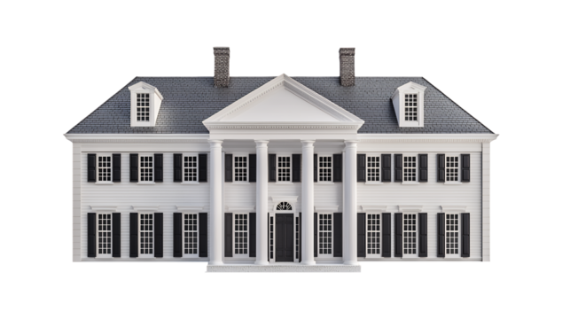 a 3d home with a white facade and black columns white background on a transparent background, PNG image, PNG file, Generative art.