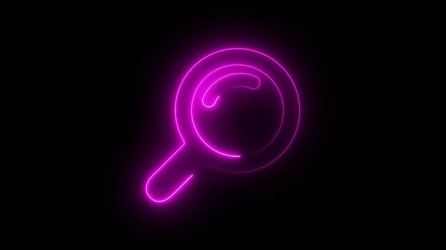 Outline neon search icon on black background. Glowing neon magnifying Glass Icon animation. owing neon checkmark icon on search icon animation with black background. neon search icon animation concept