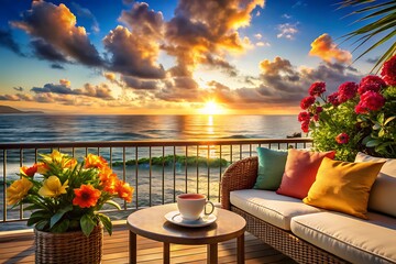 Obraz premium Balcony with Wicker Sofa, Colorful Pillows, Flowers, and Ocean View at Sunset, Relaxation