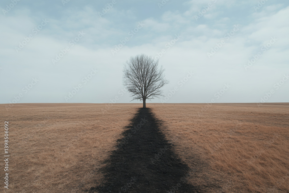 Poster a tree is standing in a field with a long shadow behind it