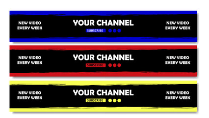 Set of colorful banners YouTube channel Horizontal banner with three different color combinations Blue, Red and Yellow. social media banner design. vector template