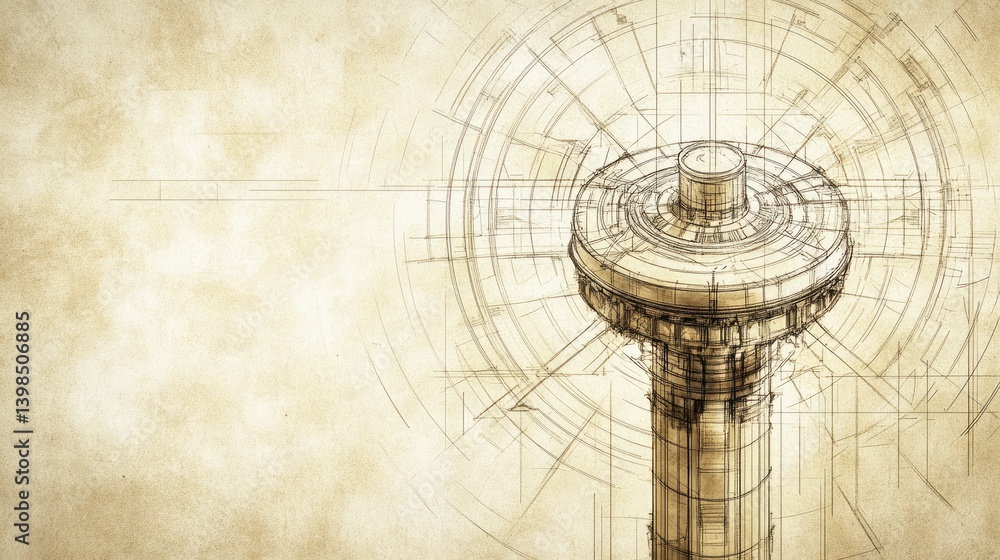 Aufkleber architectural blueprint style illustration featuring a cylindrical tower structure with intricate ci