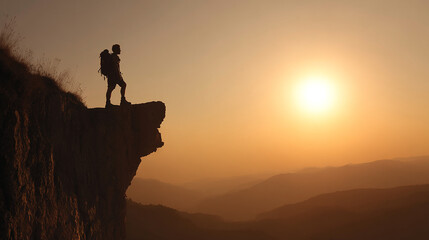 Naklejka premium Male hiker staring at horizon silhouette on cliff edge