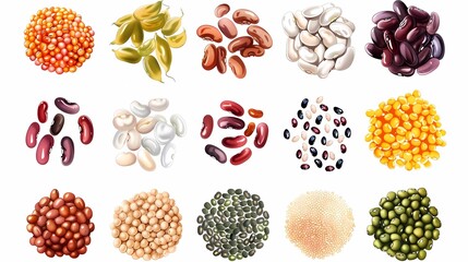 An illustration of Chinese grains, including soybeans, mung beans, millet, red beans, white kidney beans, red kidney beans, black beans, corn kernels, white background, Generative AI illustrations.